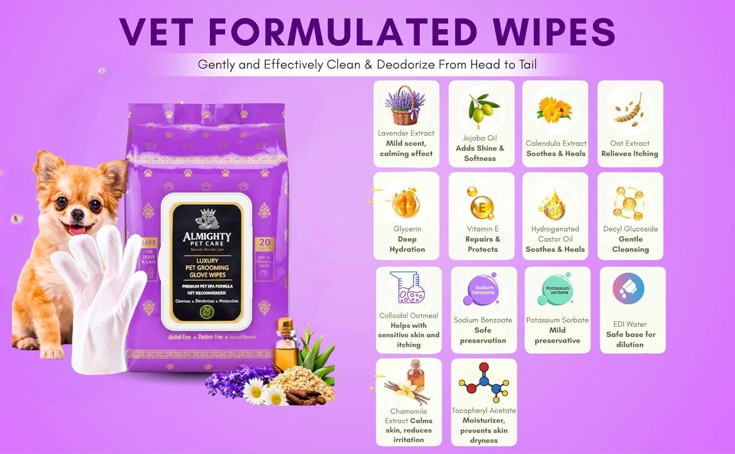 Premium Pet Grooming Glove Wipes for Dogs & Cats, 3X Thick No-Rinse Bathing Gloves, Hypoallergenic Deodorizing Paw & Body Cleaner, Grooms Hydrates & Nourishes, 20 Count, Lavender Scent