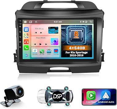 for Kia Sportage 2010-2016 Radio, 8 Core 4+64GB Android Car Stereo with Wireless Apple Carplay Android Auto 9 Inch IPS Touchscreen Car Radio 59UI GPS Navigation WiFi 32EQ DSP Backup Camrea