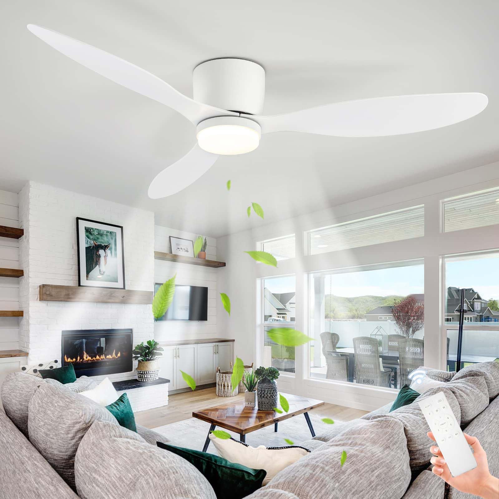 HXYSXHJUO 132CM Ceiling Fans with Lights, 3 Fan Blades Lamps, Quiet Light Remote,Reversible DC Motor, for Living Room, Bedroom,Lounge-White-52''
