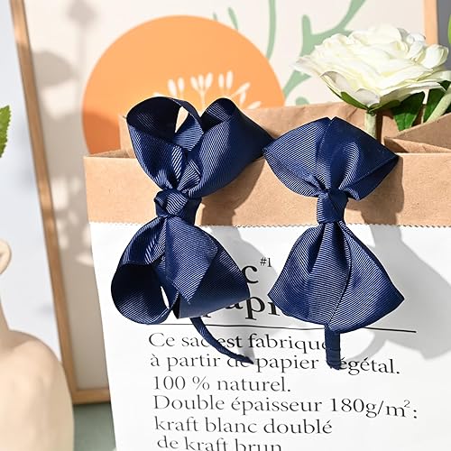 Miniatura 5 de DEEKA 2 diademas de lazo azul marino de 4 pulgadas, lazos para el pelo de cinta de grogrén para niños pequeños, accesorios para niñas pequeñas,