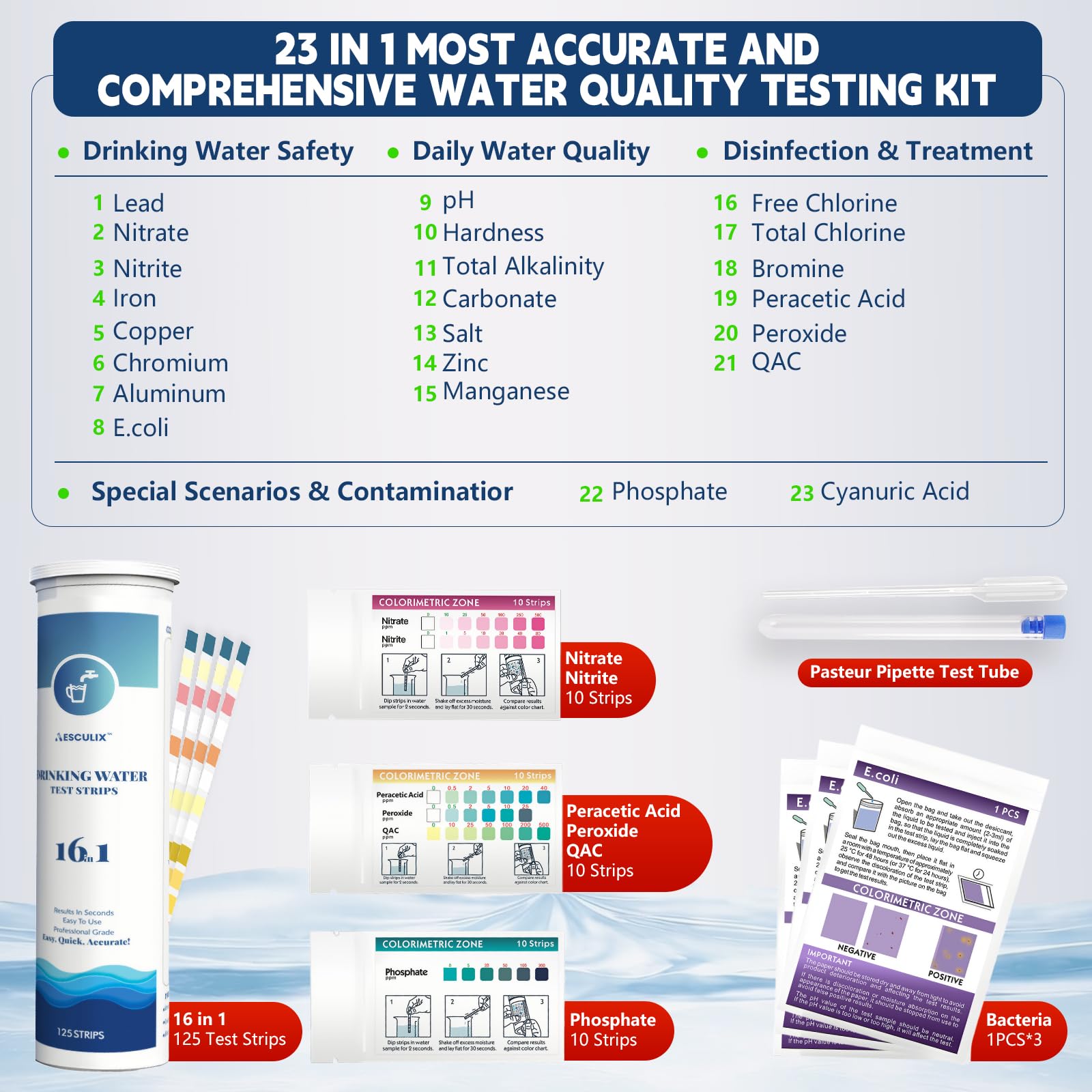 All-New 23 in 1 Drinking Water Testing Kit 158 Strips,Well Water Testing Kit & Water Test Strip for House Water for Hardness，Chlorine,Copper,Iron,Lead,pH and More - image 2
