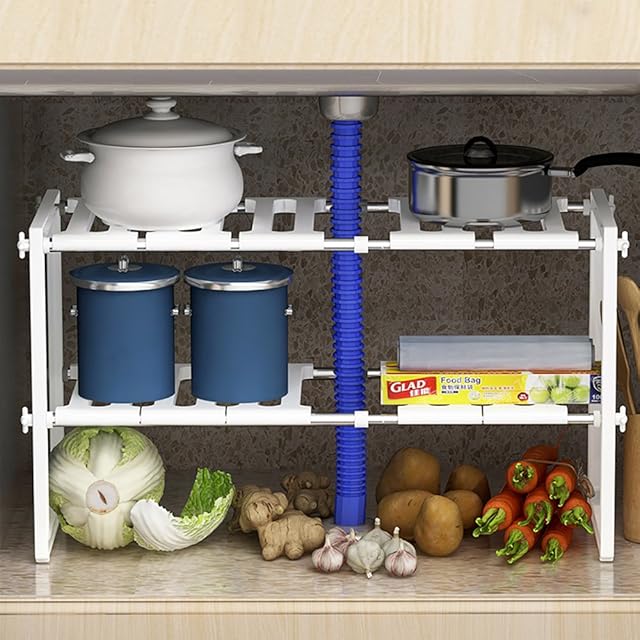 Shoze 2 Tier Under Sink Unit Shelf 50cm-70cm Organiser Storage Extendable Multi Purpose Tidy Multifunctional Storage Bathroom Kitchen Adjustable Rack White