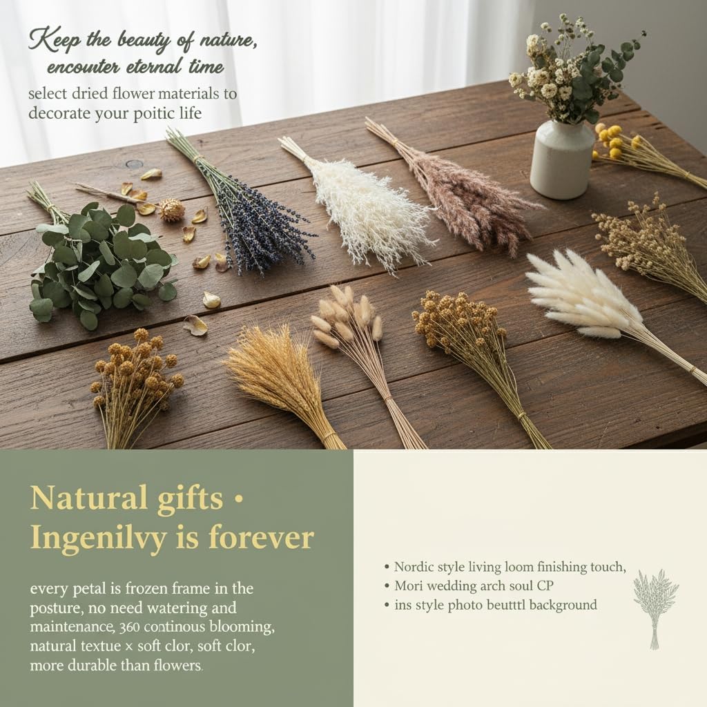 500PCS Dried Pampas Grass Bouquet – Boho Dried Flowers for Vase, White & Brown Pampas, Bunny Tails, Wheat & Lavender – Natural Floral Decor for Boho Home, Wedding, Baby Shower & Photoshoot Props