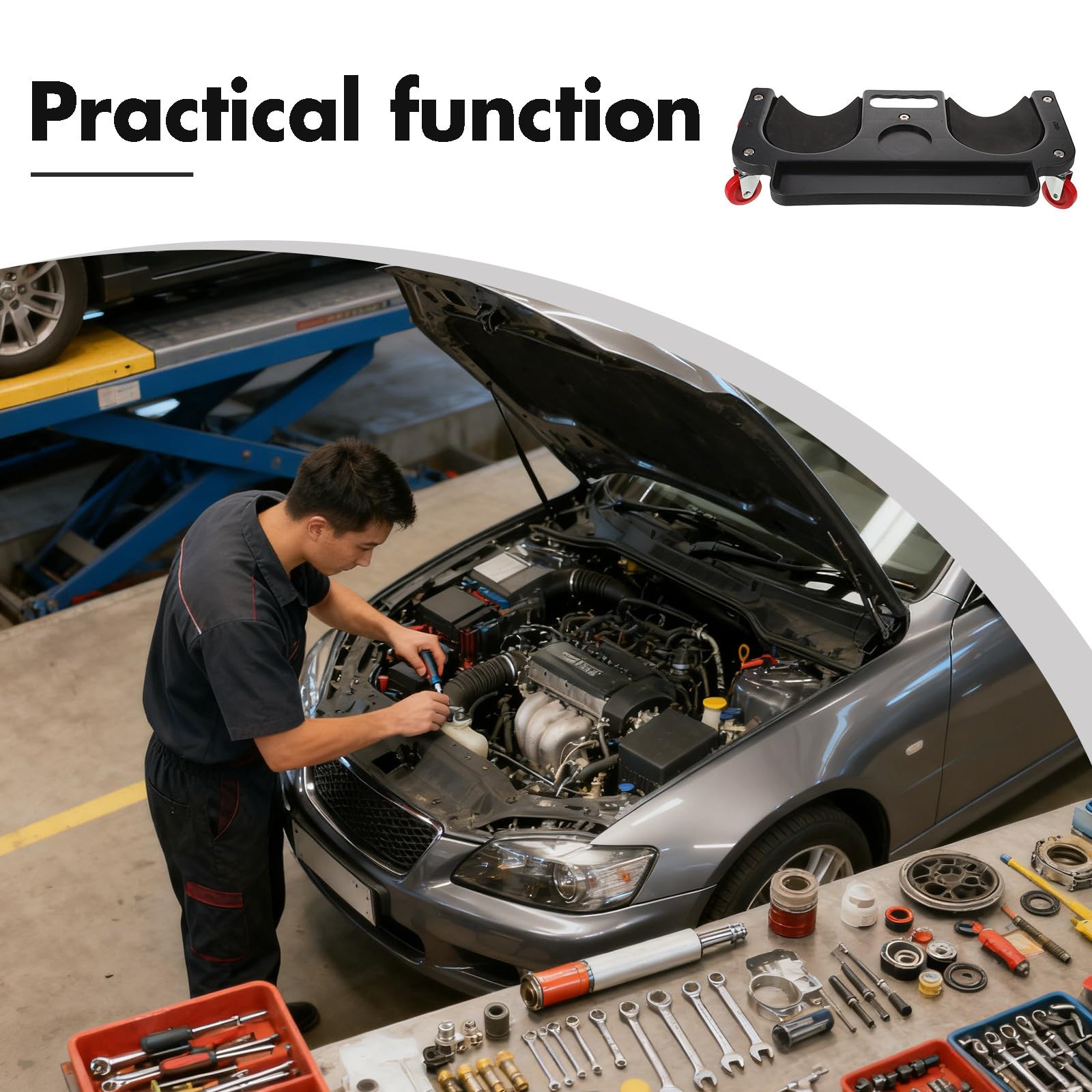 Cabilock Rodillera con Ruedas Giratorias para Taller y Reparación de Coches | Negro, Pe y Metal, Uso en Exteriores, Protección de Rodillas, Diseño Práctico