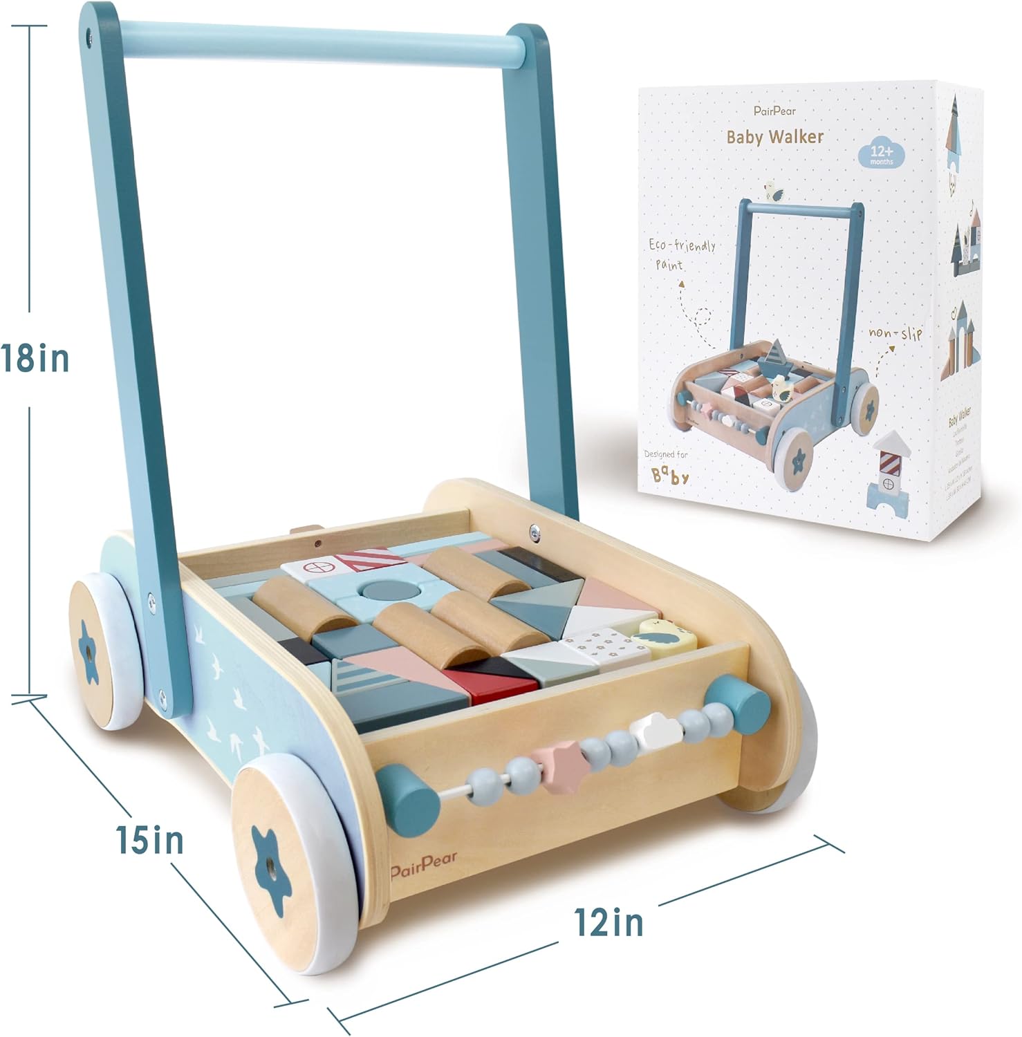 PairPear Wooden Baby Walker with Blocks,Speed Adjustable Baby Push Cart, Montessori Activity Walker Toy for Toddlers, Gift for 1-3 Y Boys & Girls
