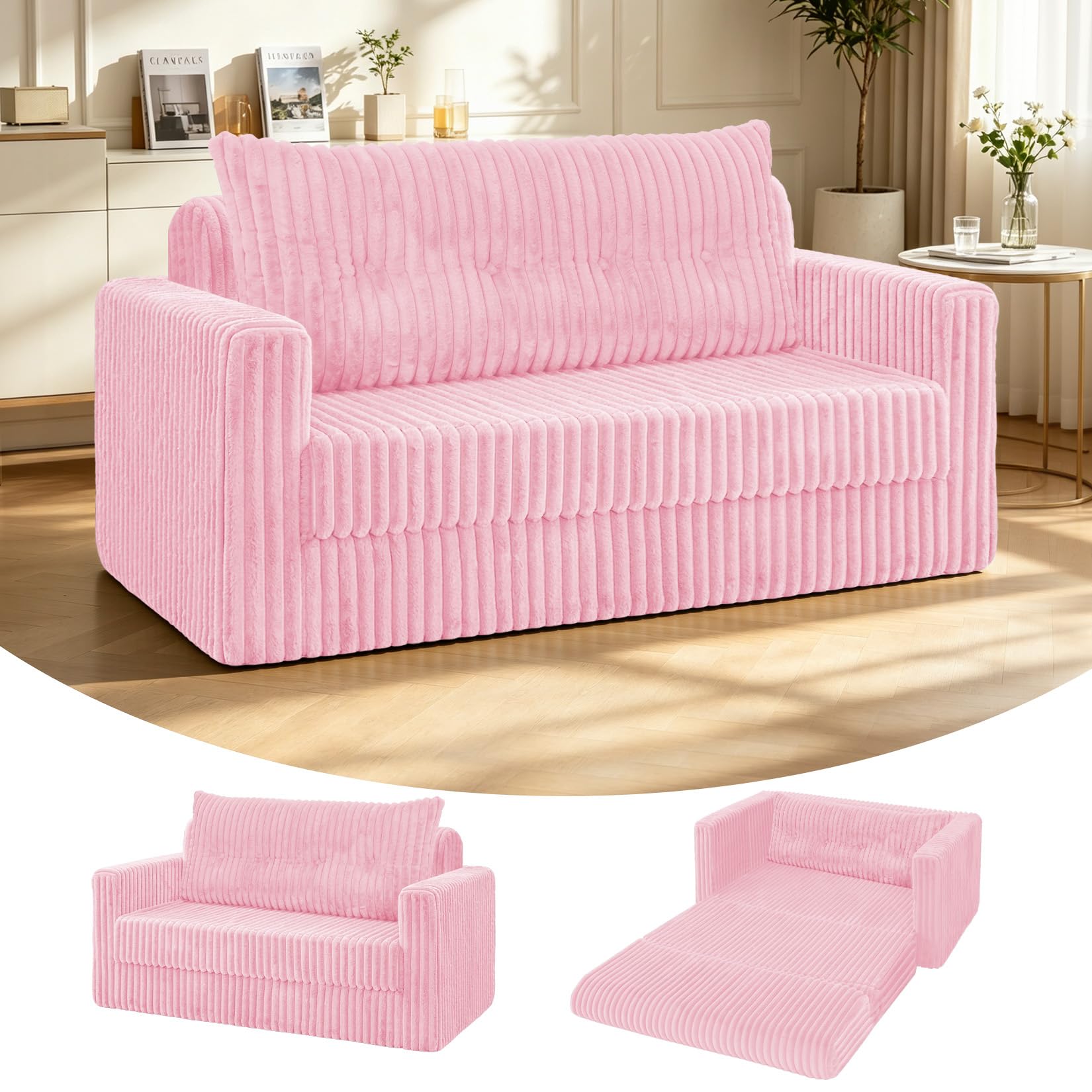 HABUTWAY 49.8" Loveseat Boneless Couch, 4-in-1 Convertible Sofa Bed, Plush Fur Folding Futon Sofa Bed Couches with a Pillow for Living Room, High-Density Foam Support, No Assembly Required, Pink