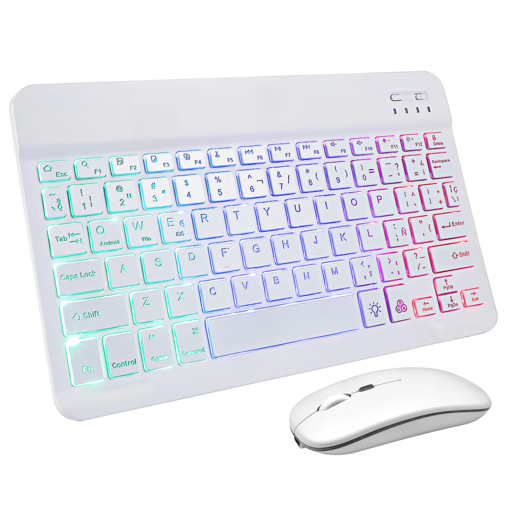 SHINEOFI Rechargeable Wireless Keyboard Mouse with Backlit Portable Keyboard for Tablet and Phone with Spanish Stickers