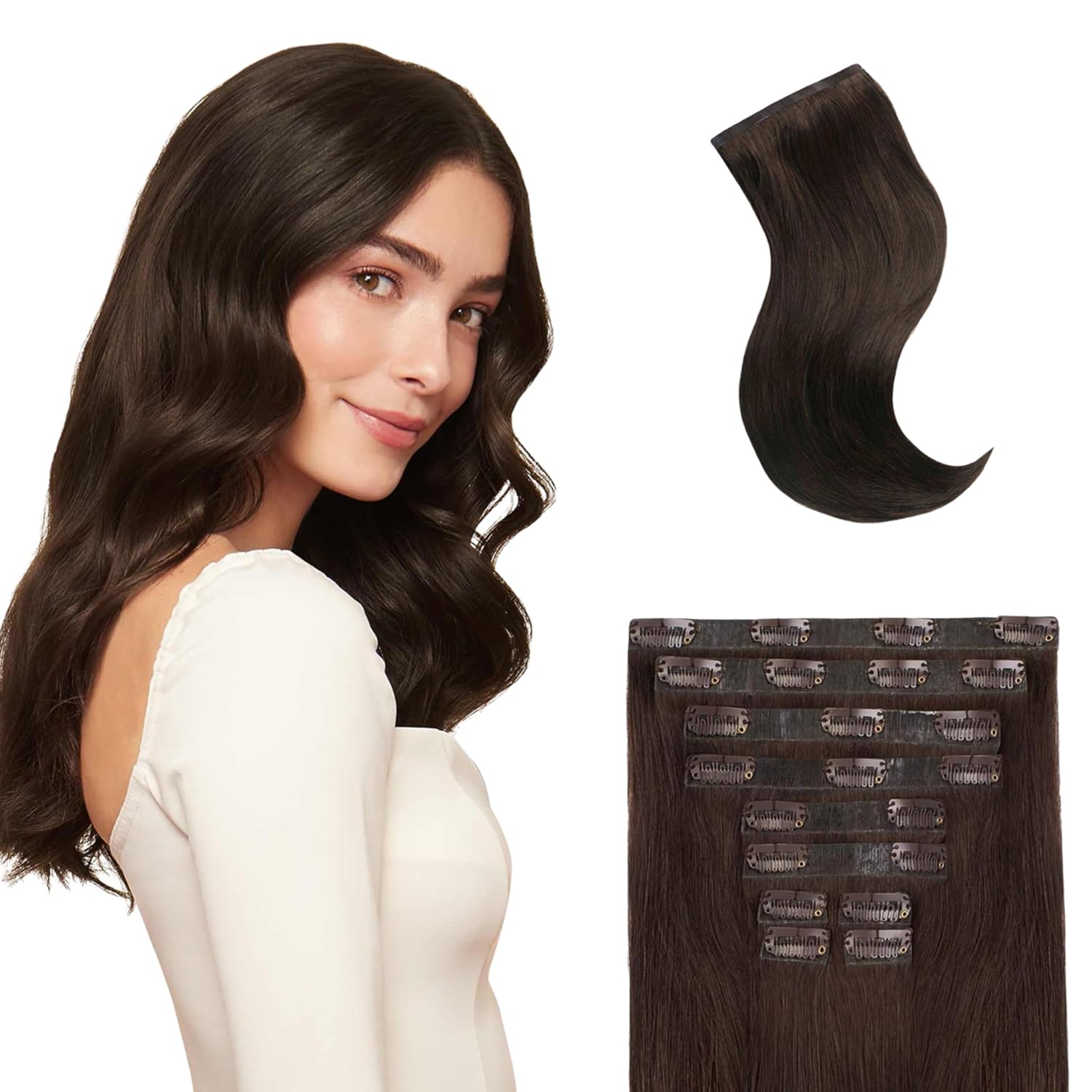 Luxy 100% Remy Human Hair, Classic 220g Clip-In Hair Extensions - 10 Wefts Multi-Dimensional Color for Natural Blending, Adds Mega Volume & Length, Easy Apply & Remove 220 grams 20" Dark Brown Thick