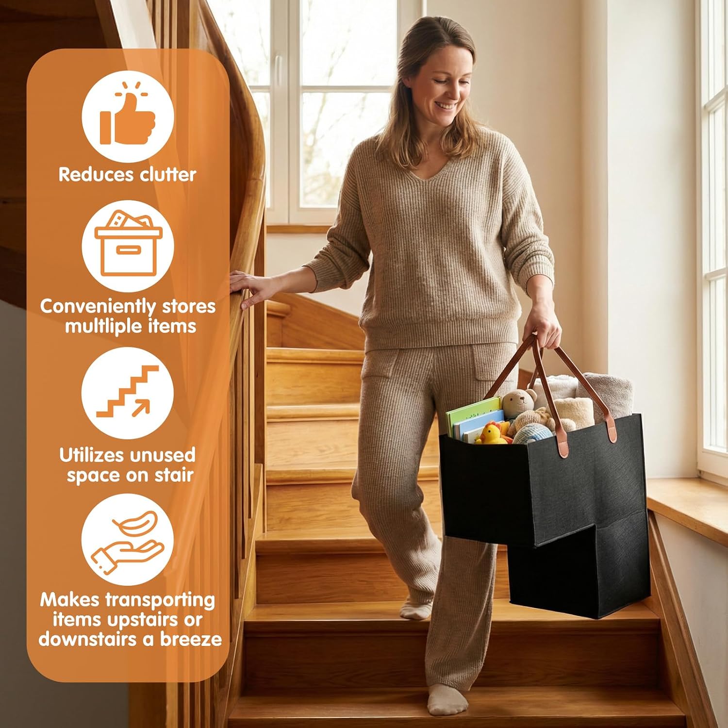 2 Pack Stair Basket with Leather Handle, Upgraded Foldable Step Basket Bins for Stairs, Felt Staircase Storage Organizer with Supporting Insert for Carpeted Wooden Stair, Book, Clothes, Computer