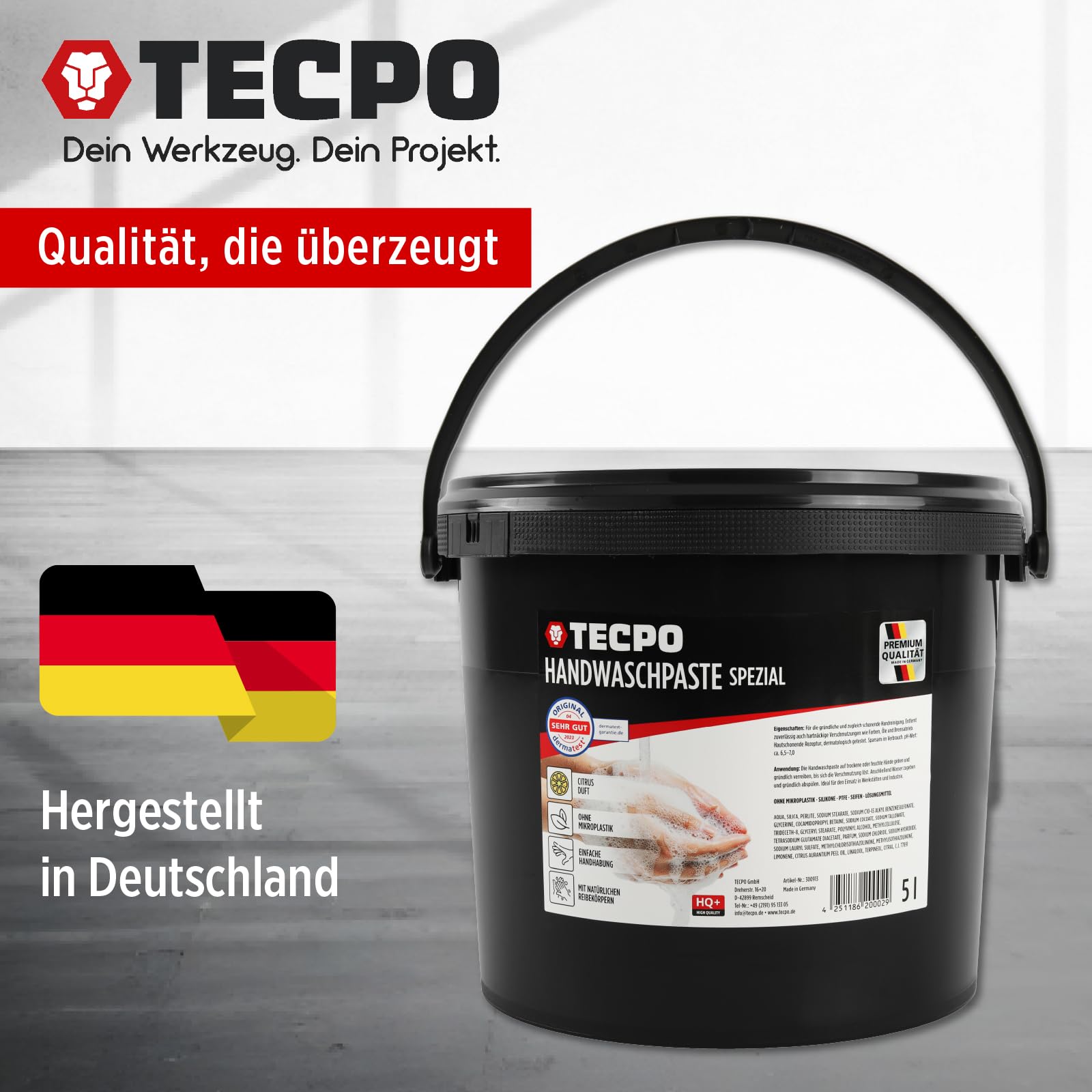 TECPO Handwaschpaste HQ+ 5 Liter Handreiniger Hautpflege Reinigungspaste hautschonend Reinigung Seife gegen starke hartnäckige Verschmutzungen wie Öl, Fett, Kfz und Werkstatt