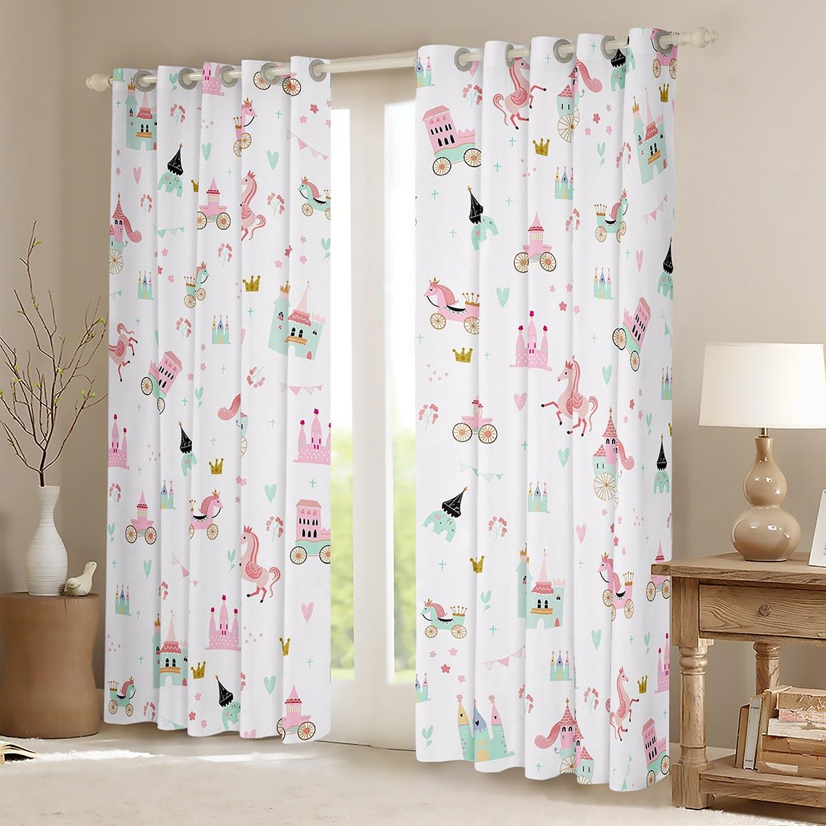 Tende per finestre in stile principessa per bambini, per camera da letto e salotto, tende rosa per ragazzi e ragazze, decorazione per camera da letto, tende con carrozza, per donne e uomini