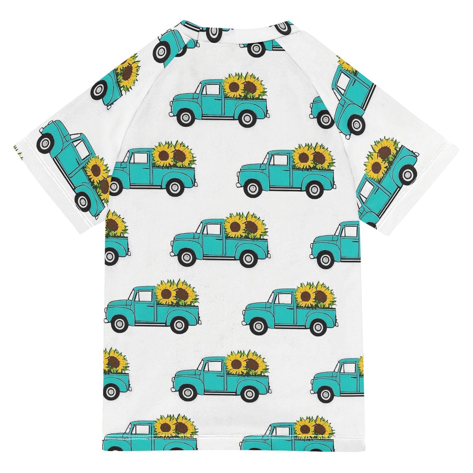 ALAZA Kids Rash Guard Toddler Swim Shirt Boy Girls Truck with Sunflowers UPF 50+ Short Sleeve 4T
