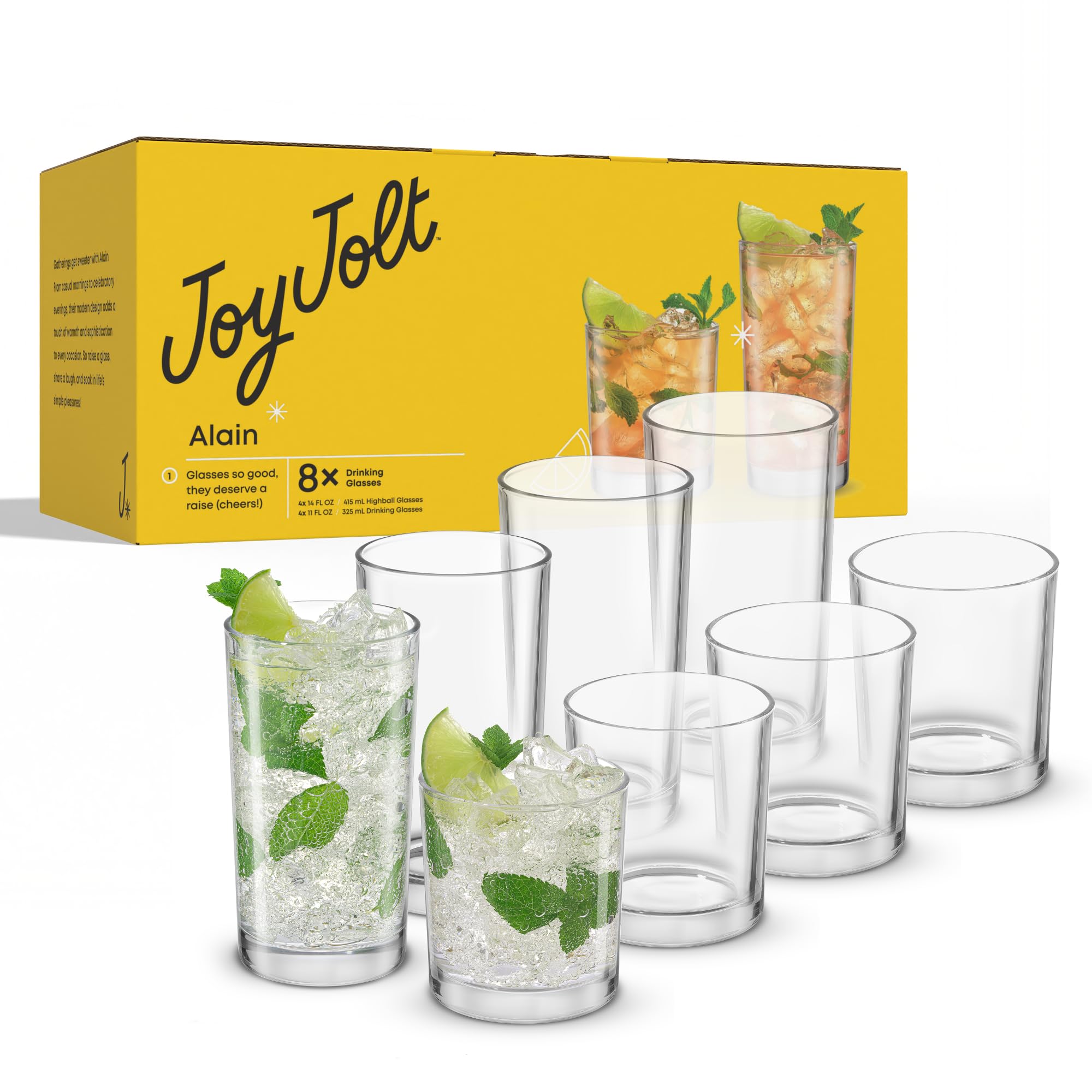 JoyJolt Alain - Set di 8 bicchieri da bar Highball da 396,9 g e Lowball da 283,5 g, per cocktail, succhi di frutta, whisky o acqua, set di bicchieri da cucina o bar