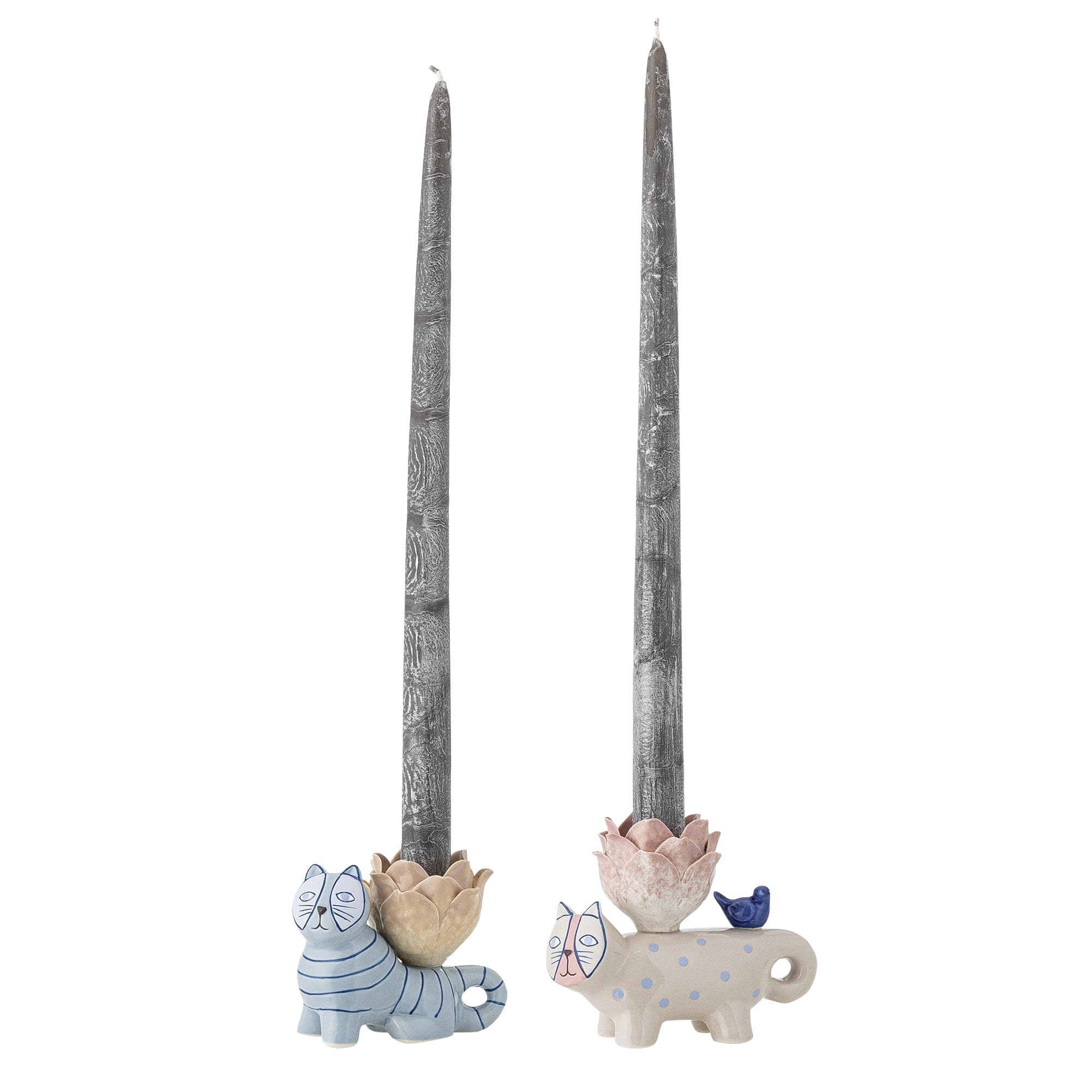 Bloomingville Kerzenhalter Missy 2er Set Katzenfiguren in Mehrfarbig - handbemalte dekorative Kerzenhalter aus 100% Steingut mit blütenförmigen Oberteilen, L9.5xH8xB6.5 / L12xH10xB6.5cm