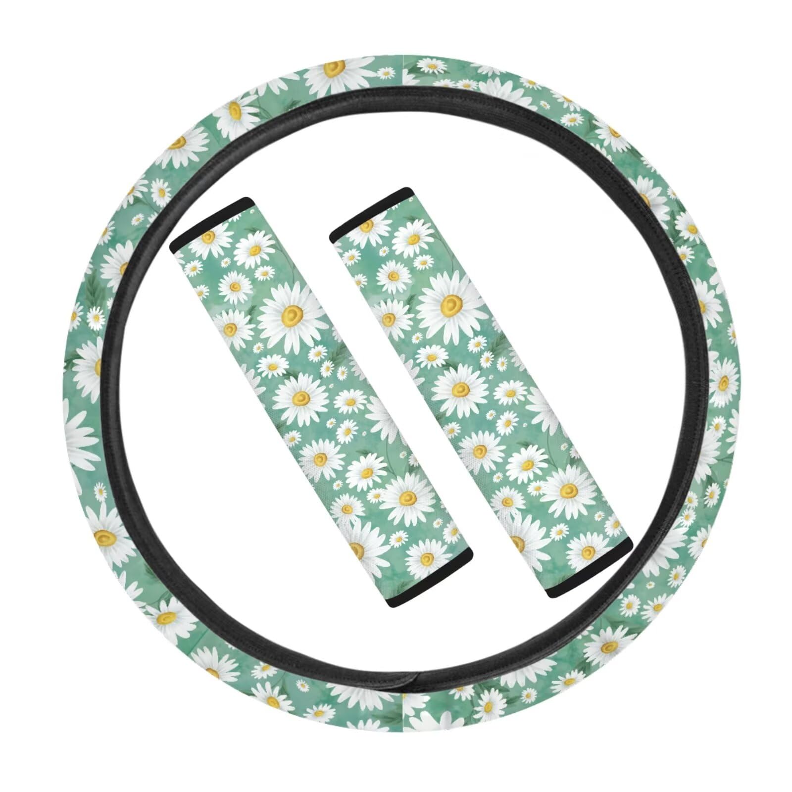 JOAIFO Universal Car Steering Wheel Cover and Seat Belt Shoulder Pads, 3 PCS Daisy Car Accessories for Women, Fit Most Cars,Truck SUV, Green