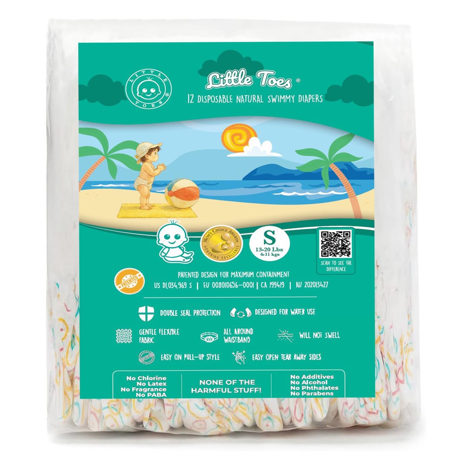 Little Toes Premium Natural Disposable Swim Diapers, Size 1–2 Small (13–20 lbs) (12 Count) | Baby Disposable Swim Diapers | Hypoallergenic, Chlorine & Fragrance-Free | Gentle on Sensitive Skin