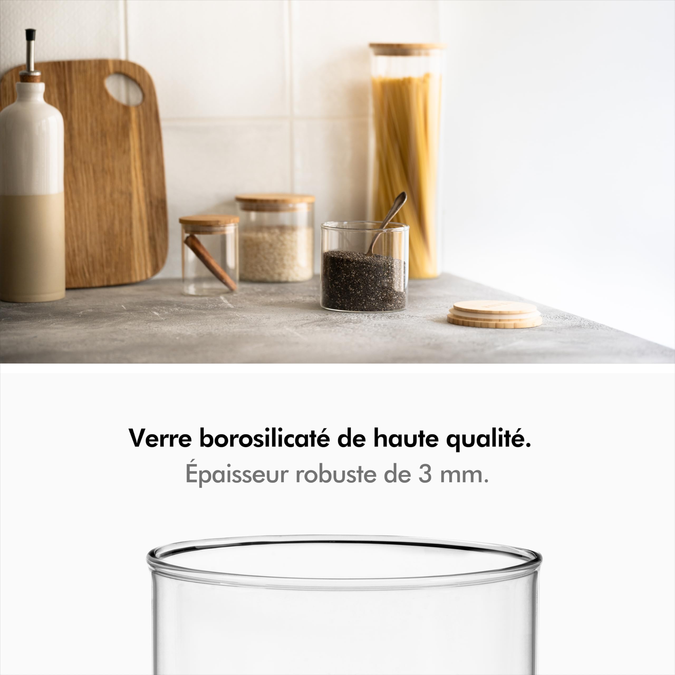 KIVY Lot de 4 bocaux de conservation en verre avec couvercle - 600 ml - Petites boîtes de conservation avec couvercle en bambou - Bocaux de conservation en verre avec couvercle