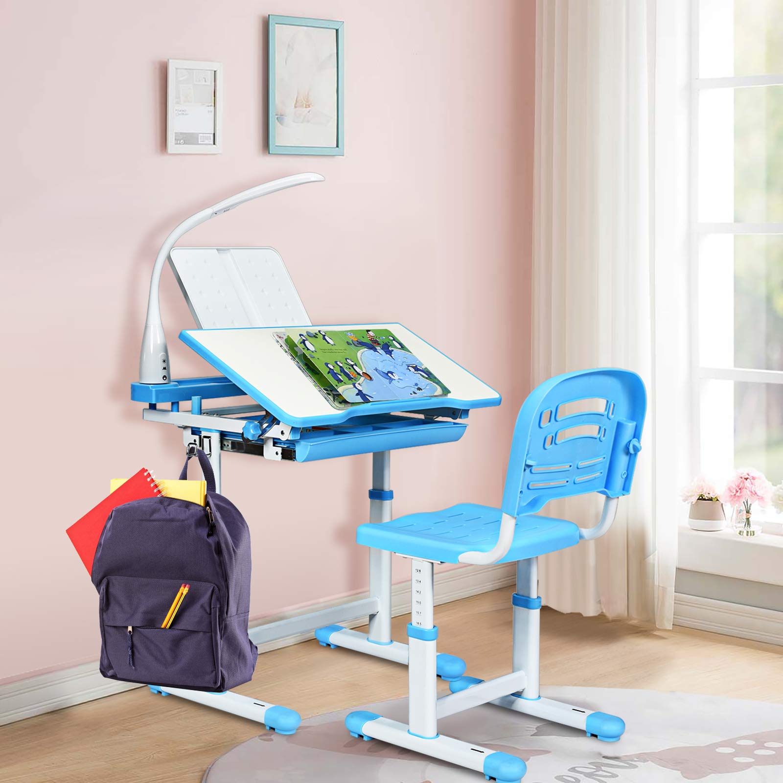 DREAMADE höhenverstellbarer Kinderschreibtisch mit Lampe & Bücherständer, Schülerschreibtisch Jugendschreibtisch neigungsverstellbar, Schreibtisch Set für Kinder mit Stuhl und Schublade (Blau)