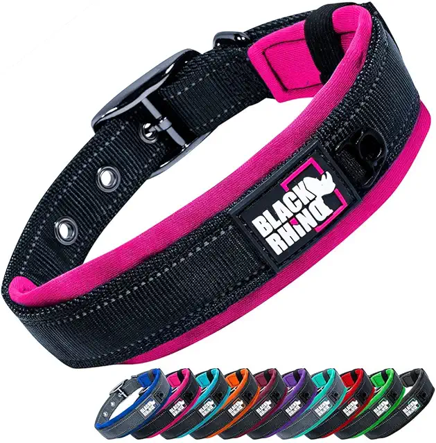 Breites Hundehalsband Black Rhino Comfort - Weich gepolstert, reflektierend, wasserfest (XL, Rosa/Schwarz)