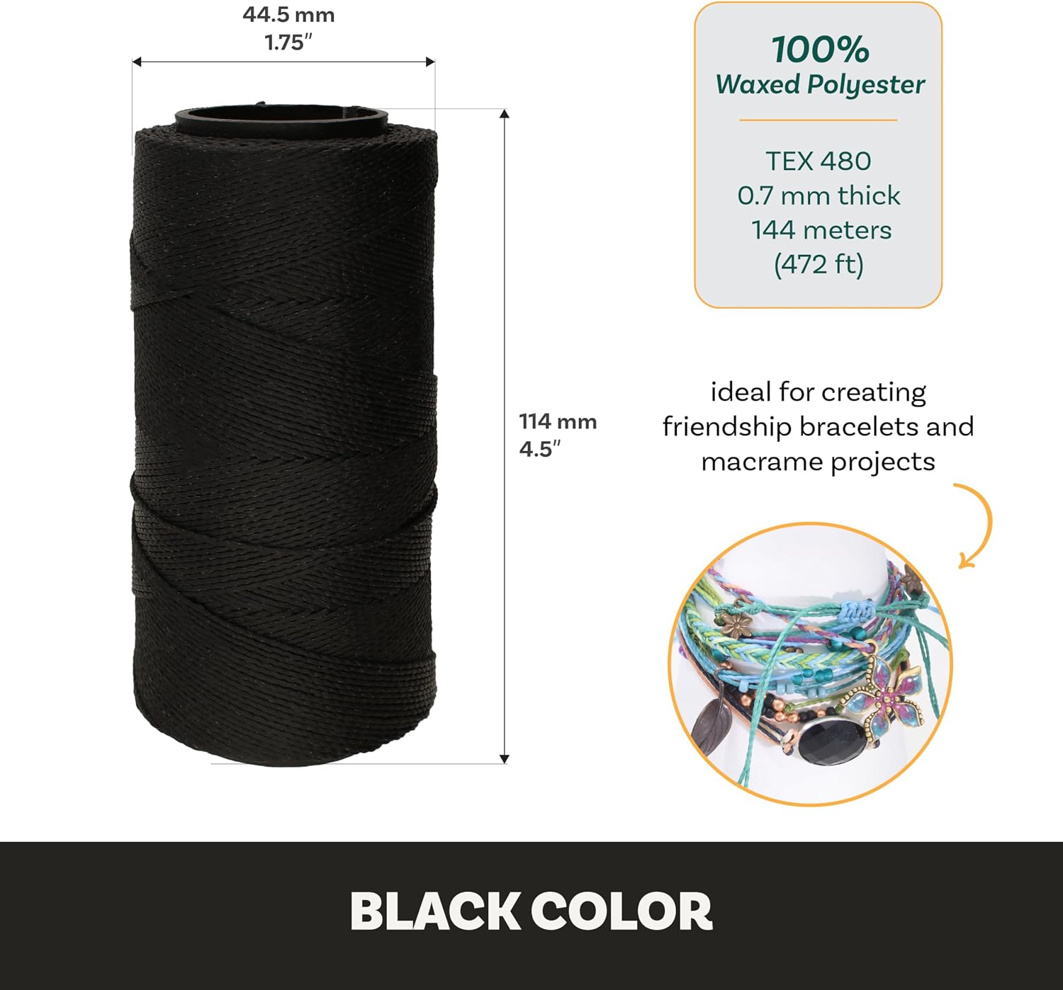 The Beadsmith Knot It Waxed Polyester Cord – Black Color – 0.7mm Diameter – Light Wax, 144 Meters (472 Feet) Per Spool – Make Jewelry, Macrame, Friendship Bracelets and DIY Crafts