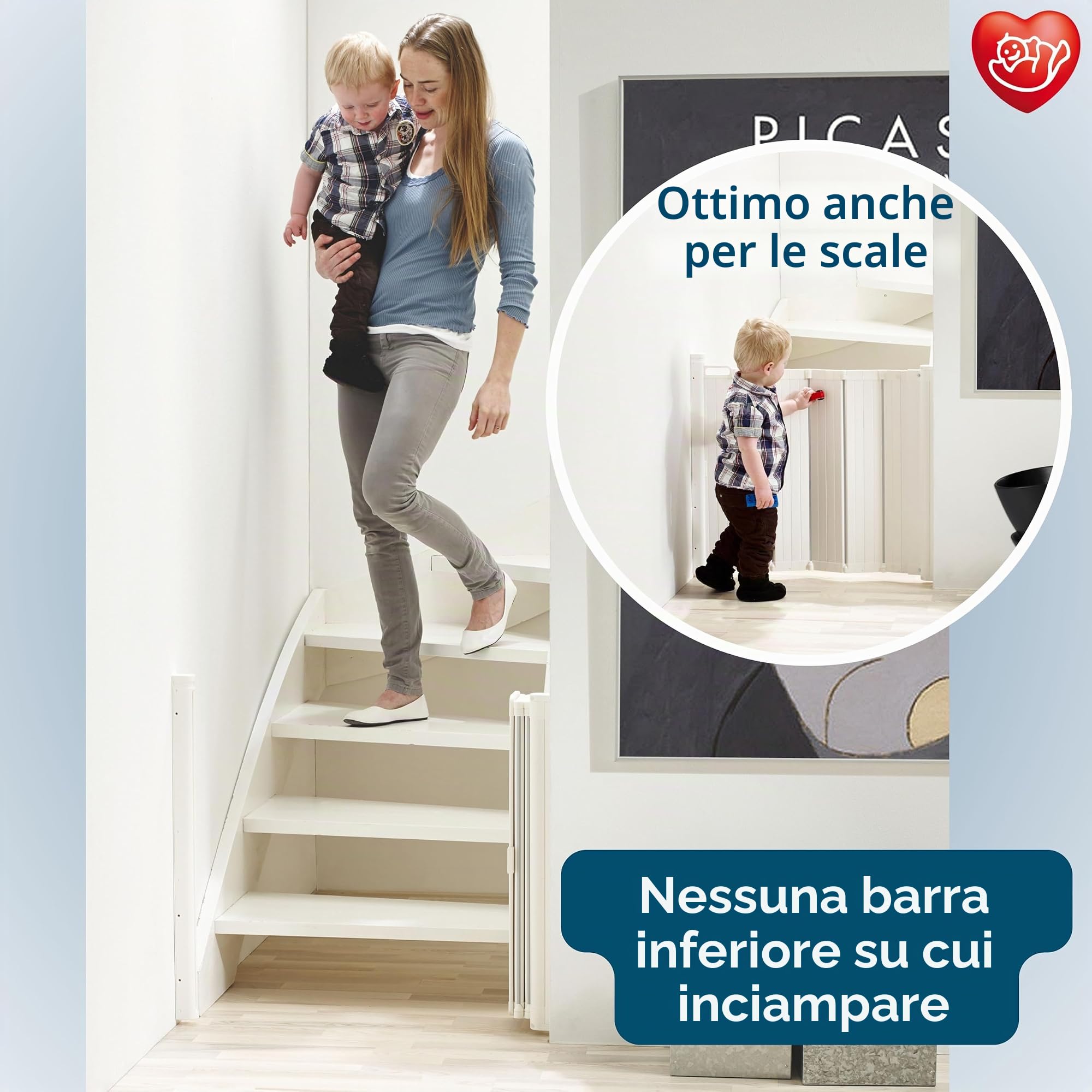 BabyDan Guard Me, cancelletto automatico a scomparsa per scale, larghezza 55-89 cm, con una sola mano, cancelletto per bambini e animali, bianco, Made in Denmark