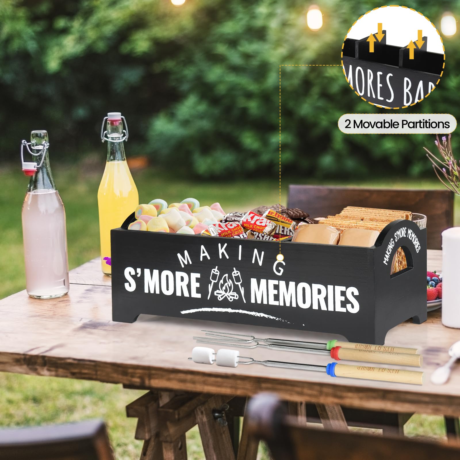 Cajas decorativas para Smores Caddy, estación de madera S'Mores con asas, kit de Smores negros para caja para hacer smores de hoguera
