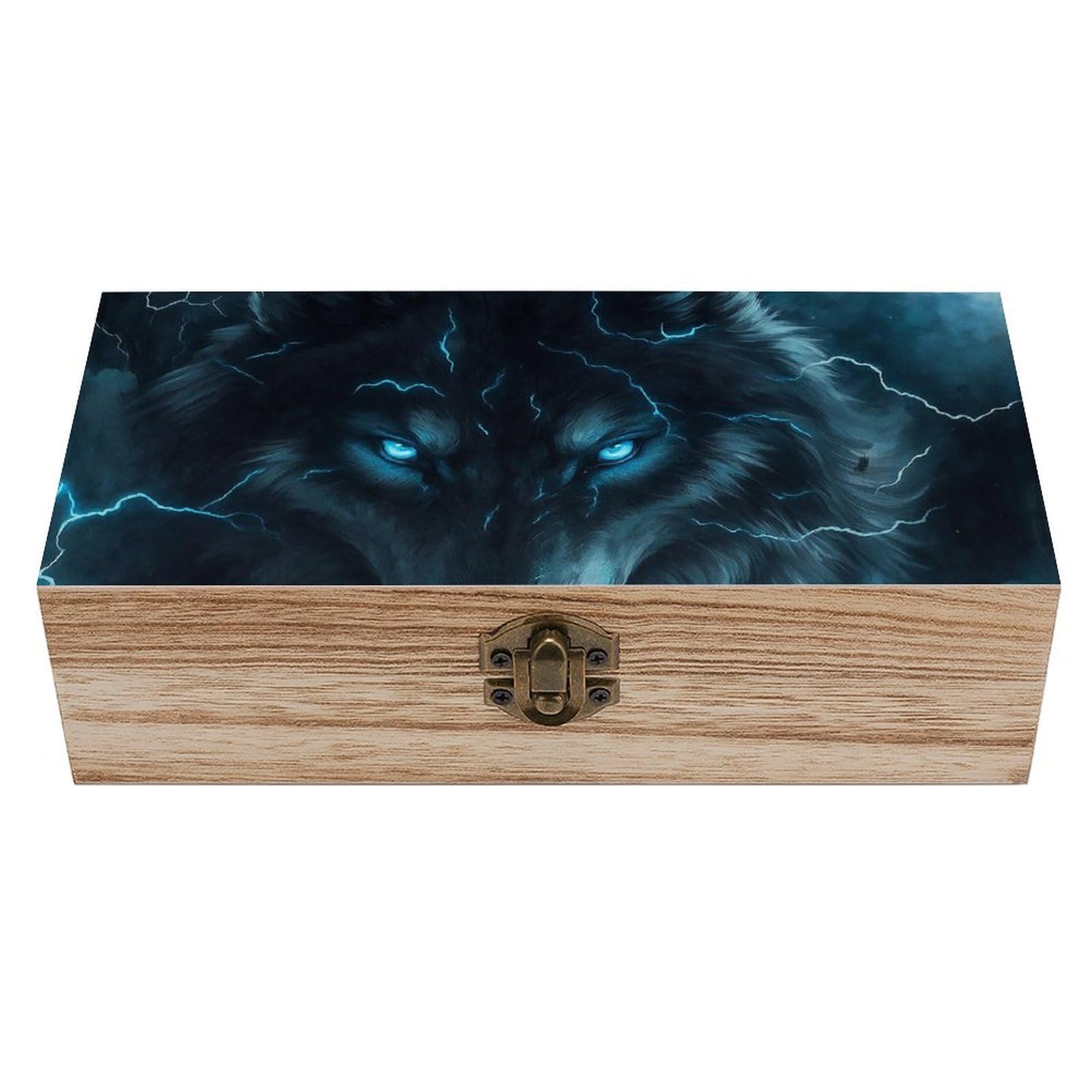 SMAZDFXX Majestic Wolf & Lightning Wooden Storage Box Multipurpose Decorative Box for Jewelry Photo Home Decor