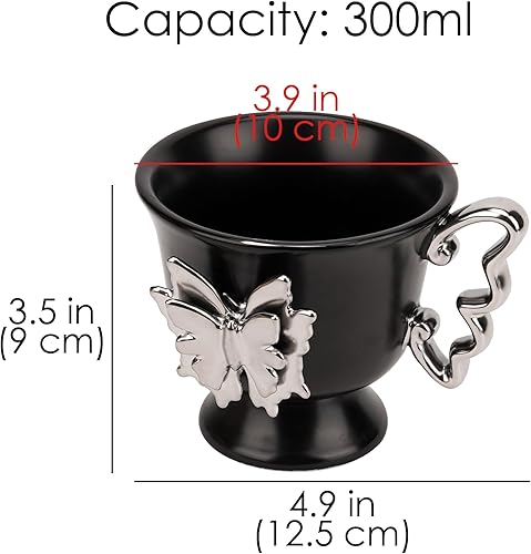 Miniatura 2 de Taza de café de cerámica, taza de café artística con mariposa plateada 3D y mango en forma de mariposa, elegante taza de té vintage para leche, té,