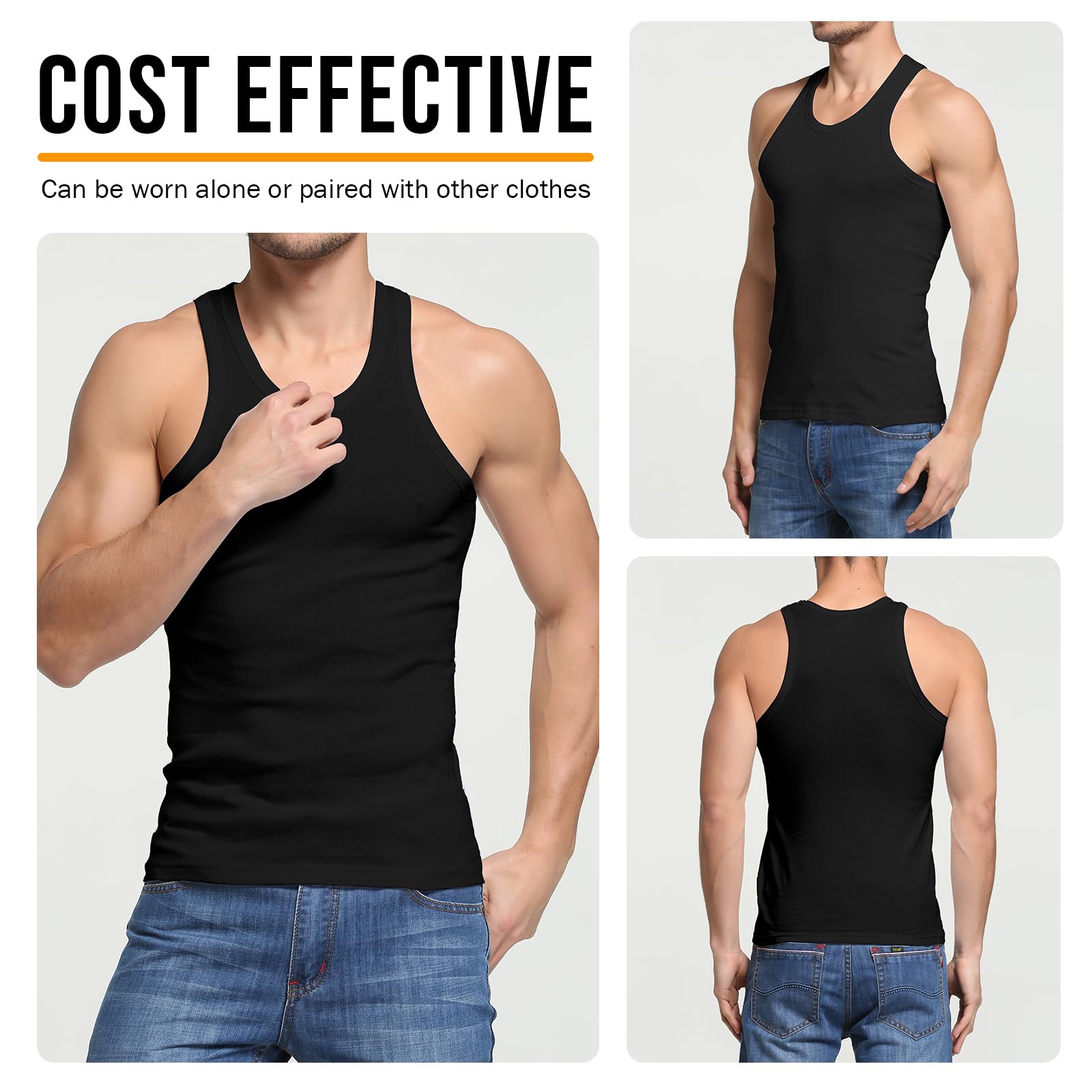 HomyComy Camiseta de Tirantes para Hombre Pack de 3 de Algodón 100% Ropa Interior sin Manga Tank más Colores