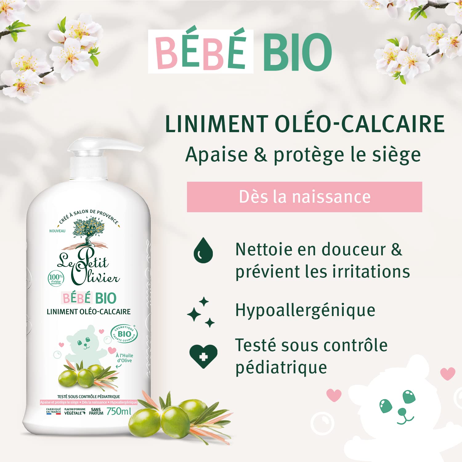 LE PETIT OLIVIER - Liniment Oléo-Calcaire - Bébé Bio - Dès La Naissance - Nettoie En Douceur Les Fesses De Bébé - Certifié BIO - 100% D'Origine Naturelle - Testé Sous Contrôle Pédiatrique - 750 ml
