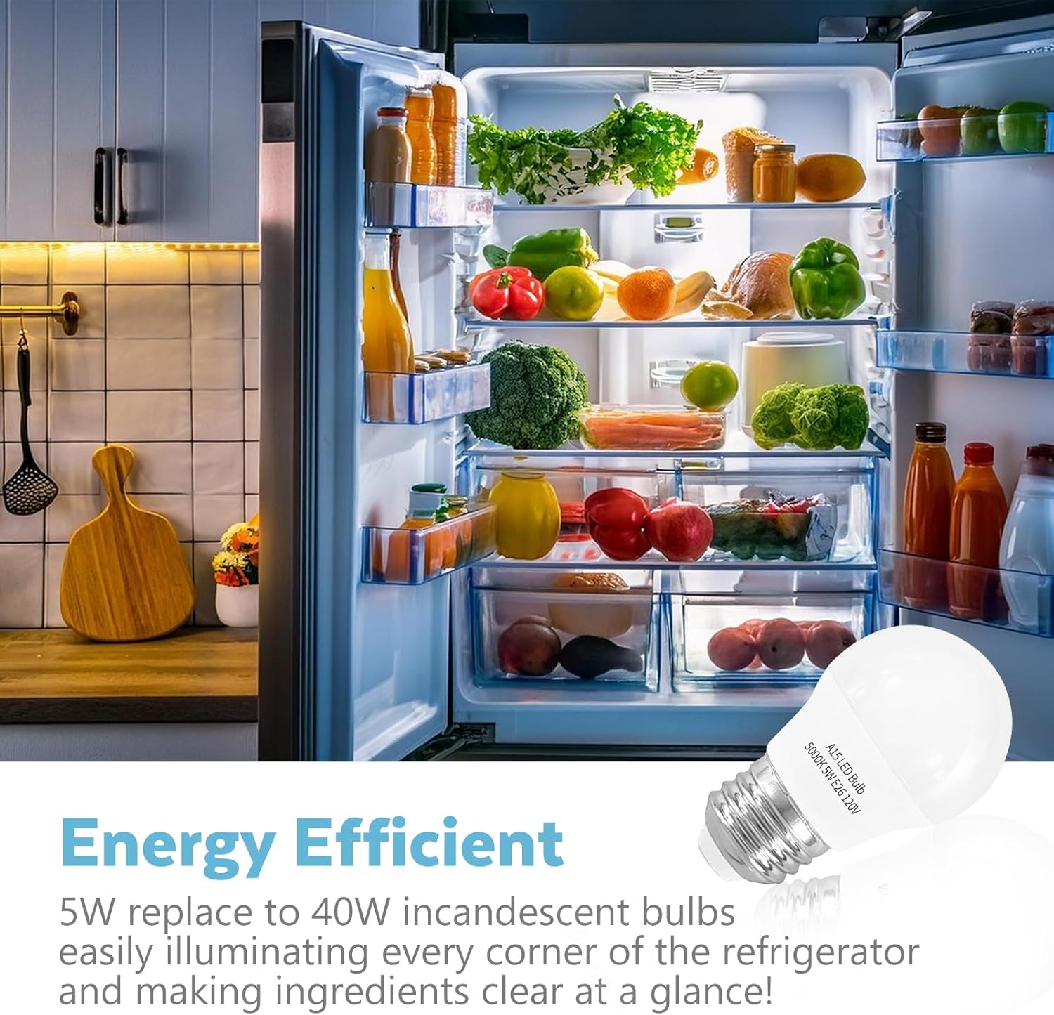 LED Refrigerator Light Bulb 2 Pack，Daylight White 5000K 120V 40W Equivalent Appliance Bulb，A15 5W E26 Base Waterproof Fridge Light Bulbs for Freezer Home Lighting,Small Light Bulb,Dimmable