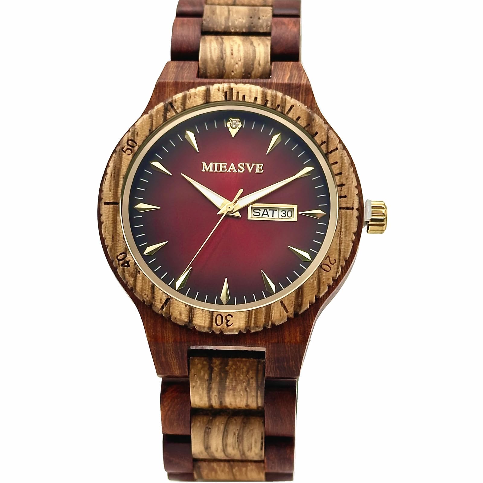 Relojes de madera hechos a mano para hombre, esfera roja, ligero, analógico, de cuarzo, correa ajustable