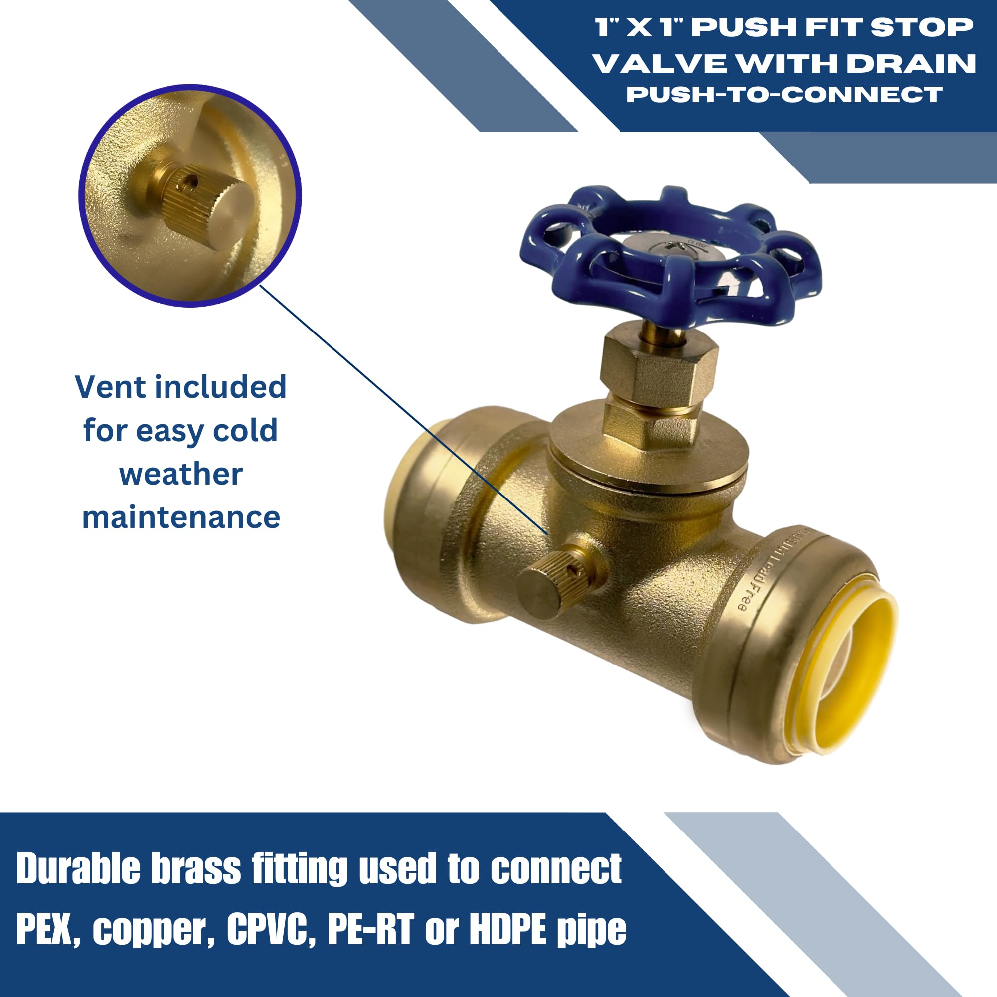 XFITTING - 2 válvulas de parada de ajuste a presión de 1 pulgada con drenaje y ventilación, ajuste de fontanería de latón a presión para conectar, tubo PEX, cobre, CPVC, PE-RT, HDPE, 2-5-3 = 2