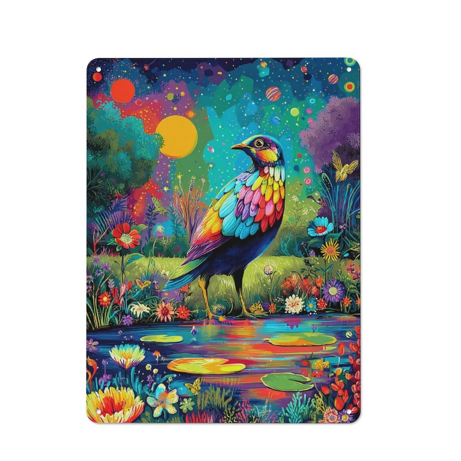 Junmoney Colorful Fantasy Garden With Bird Tin Wall Plaque With Design 40X30cm, Farmhouse Rustic Kitchen Decor For Dining Room, Cafe, Entryway Or Family Room