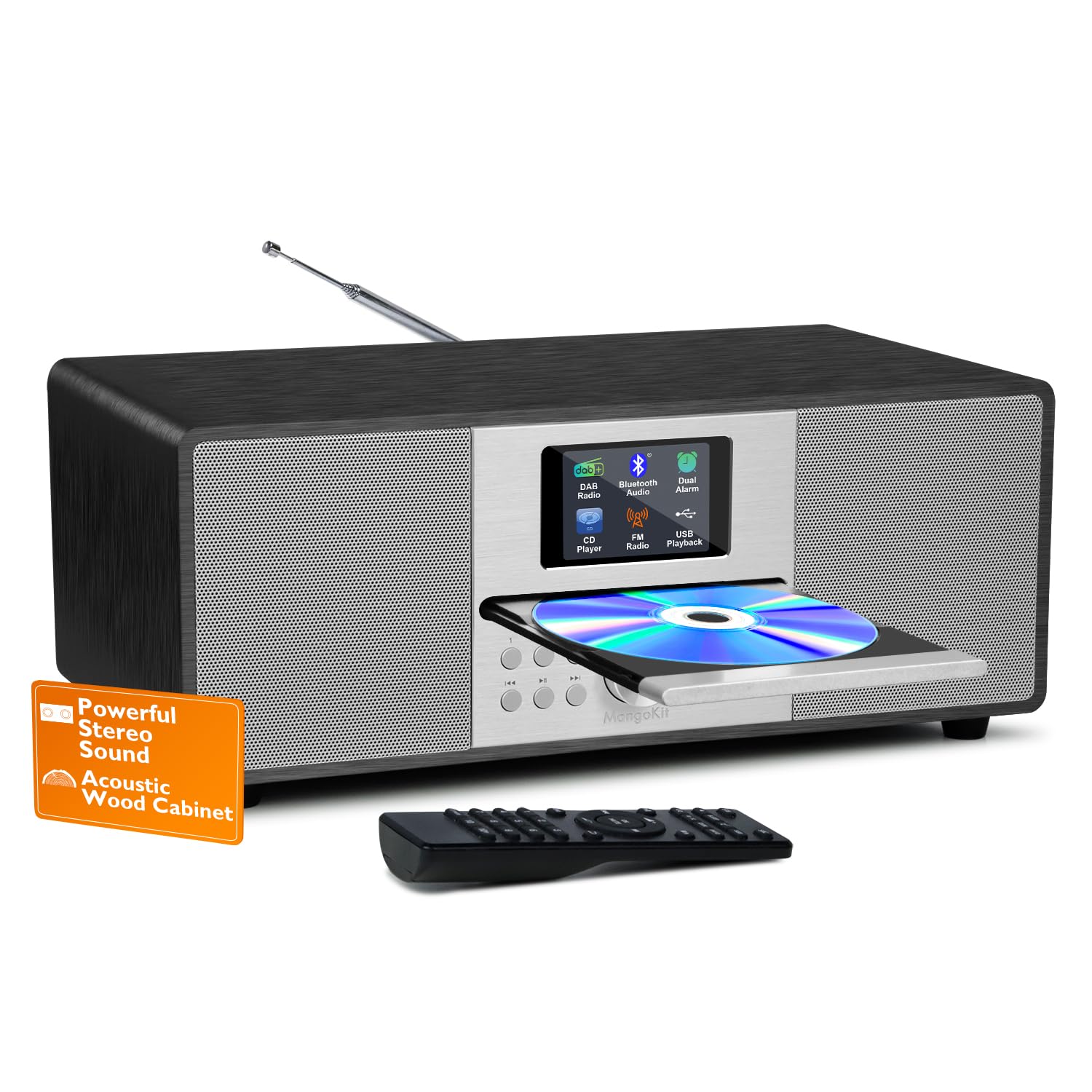 MS4 CD Player DAB Radio Hifi Sistema I Bluetooth I Potente Sistema Stereo I Digital Radio Dab+I Acustic Wood Mabiet I CD Player con 40 Preset, Jack per Cuffie,Metallico Nero