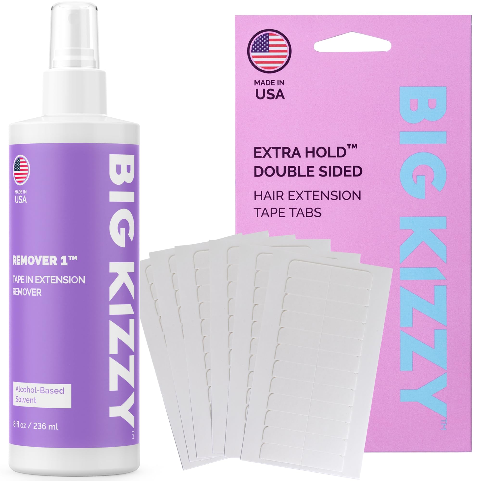 Big Kizzy Tape in Extension Remover Spray (8oz) + Double Sided EXTRA Hold Hair Extension Tape (72 Tabs)