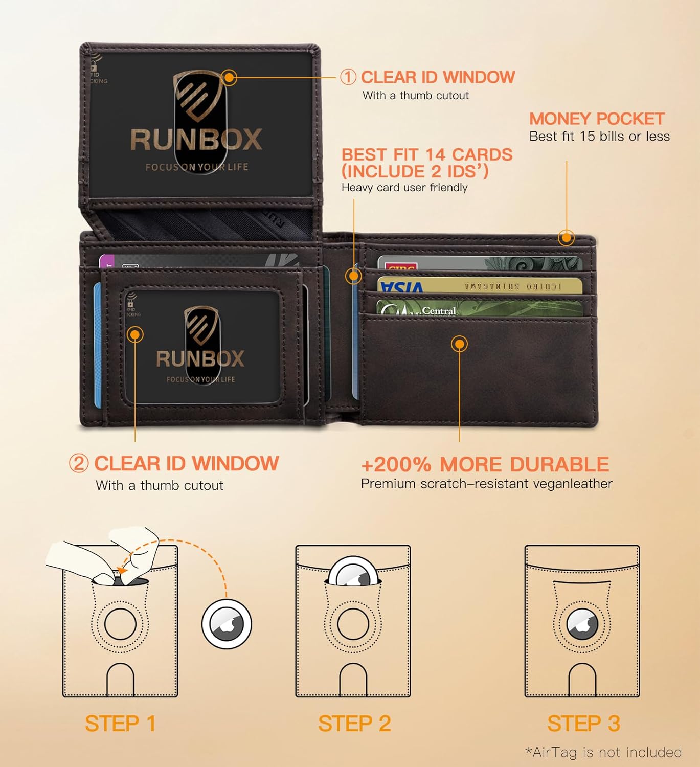 RUNBOX Airtag Wallet for Men 15 Cards Wallets Slim Rfid Leather 2 ID Window With Gift Box - Image 3