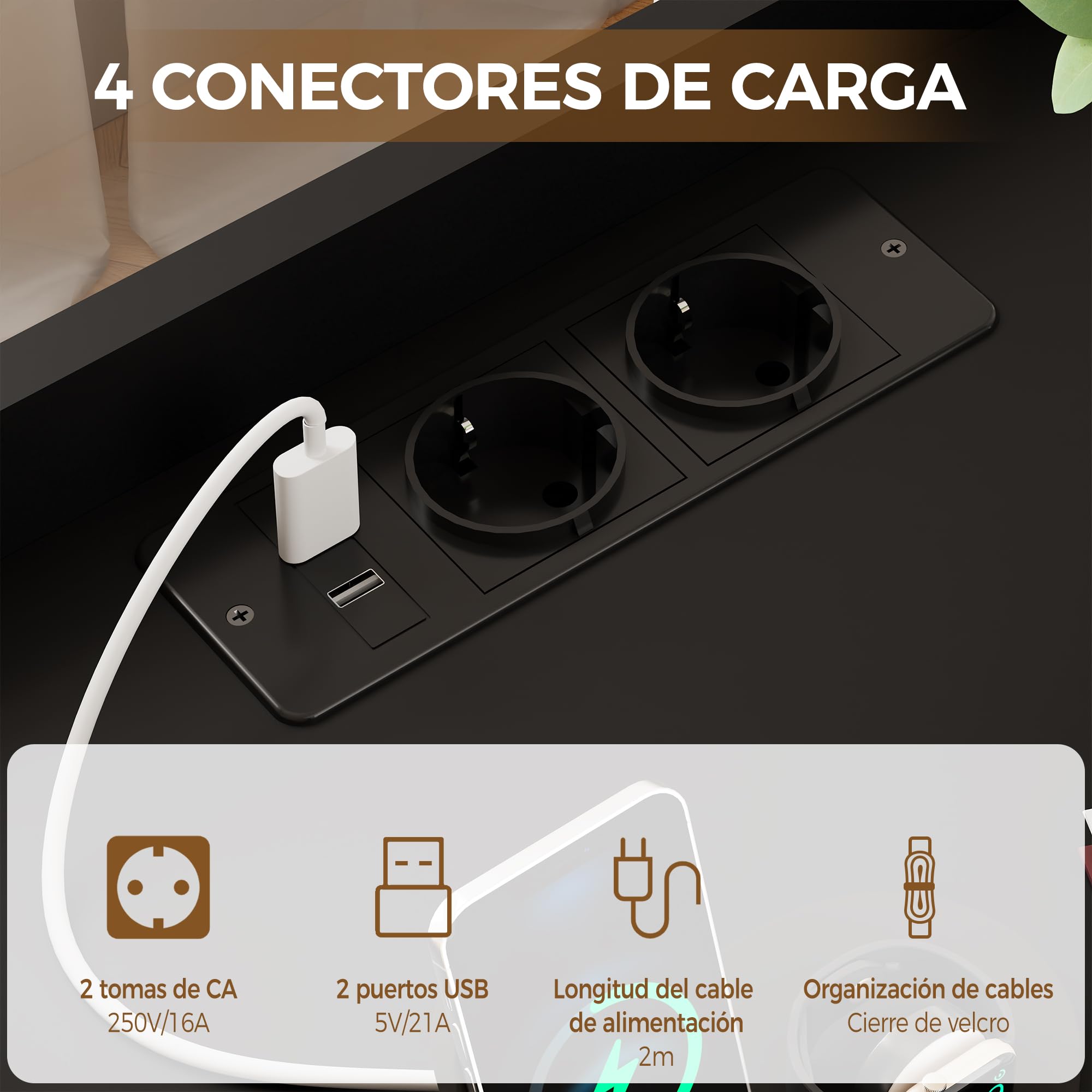 BEWISHOME Juego de 2 Mesitas de Noche,con Compartimento Oculto,con Luces LED y Estación de Carga Mesas Auxiliares（2 Tomas AC 2 Puertos USB）,para Salón,Dormitorio (Negro) EFCG02B