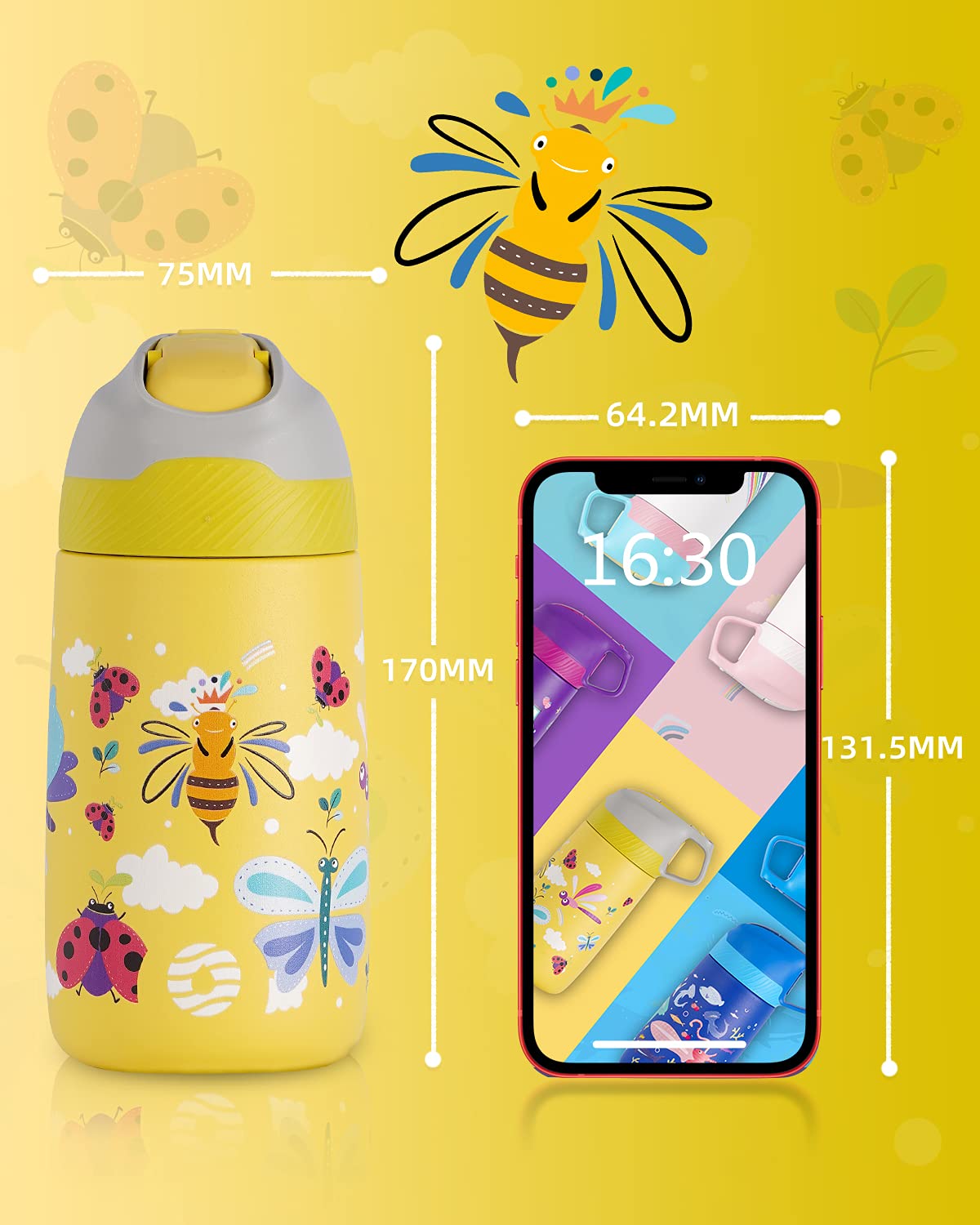 Fjbottle Borraccia Bambini Acciaio Inox con cannuccia 350ml, Borraccia Termica senza BPA, bottiglia da viaggio per scuola, campeggio