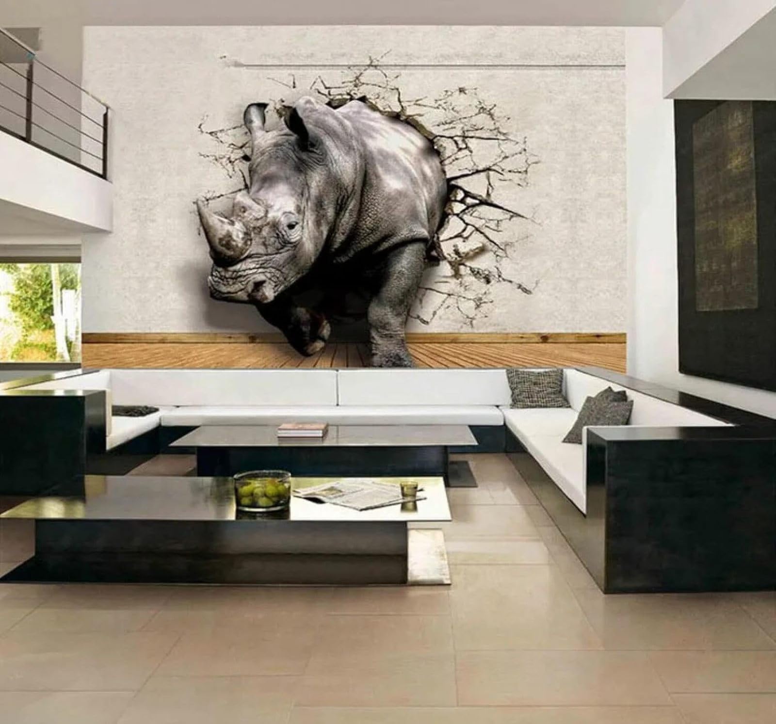 Xlming 250Cm×170Cm(B×H) Retro Broken Wall Three Dimensional Animals Rhinoceros 3D Wallpaper Luxury Home Dining Decor Paste Sofa Living Room The Wall For Bedroom Mural-250Cm×170Cm