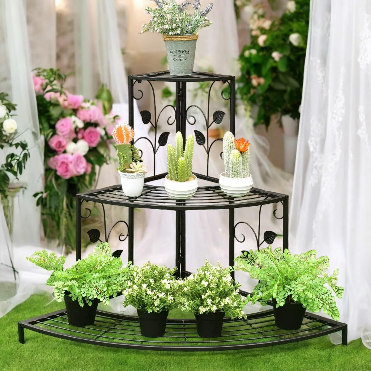 Woodiva 3 Tier Metal Plant Stand – Semicircle Floral Corner Shelf for Indoor/Outdoor, Garden & Balcony (90cm x 56cm x 73cm, Black) (B0994GJC39) Amazon Price History, Amazon Price Tracker