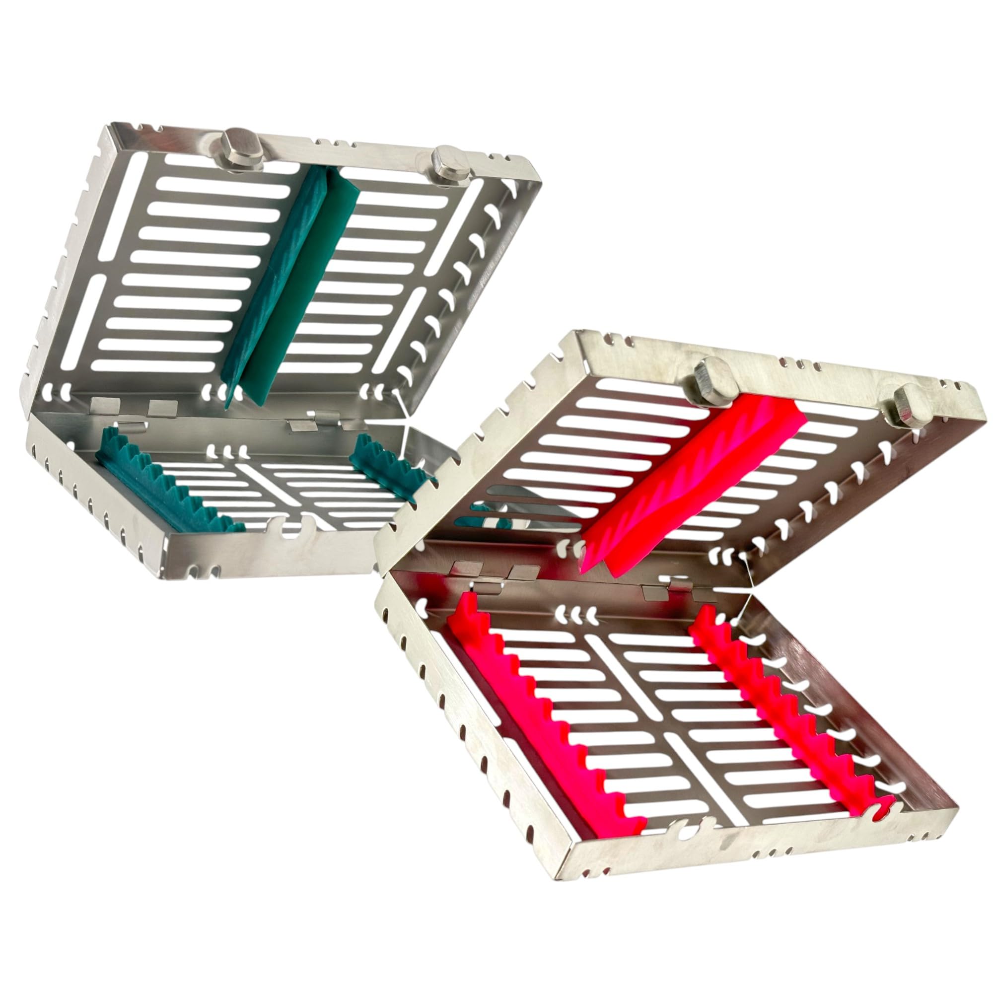 10-Slot Dental and Veterinary Instrument Sterilization Cassettes, with Removable Silicone Inserts, Detachable Lid, & Double-Button Locks - Stainless Steel (Pack of 2)