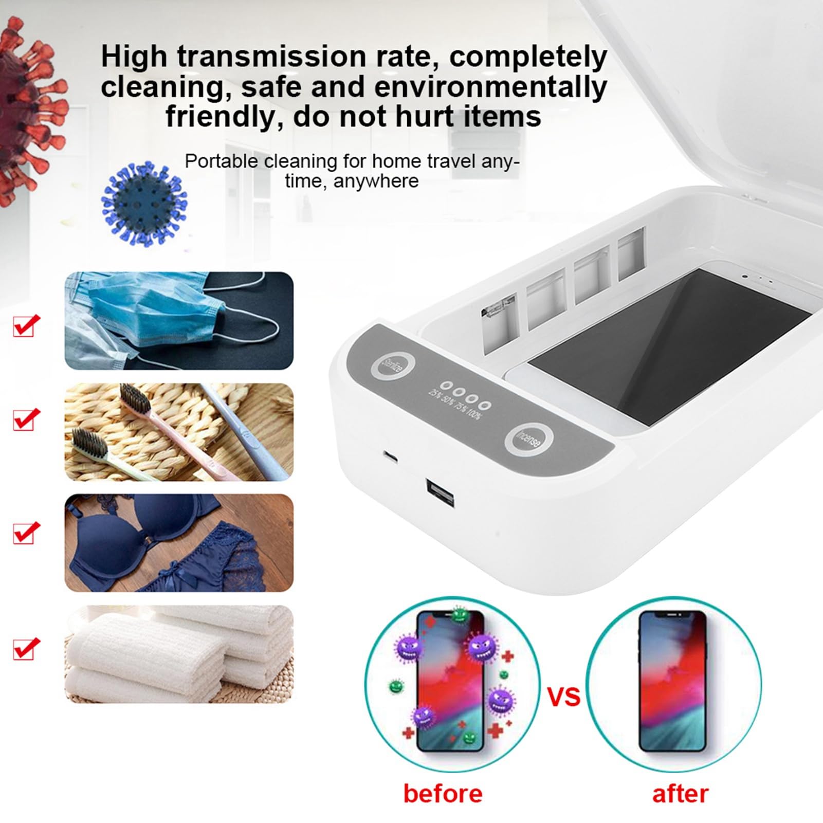 Boîte de Nettoyage désinfectante UV pour téléphone Portable, lumière UVC 360°, Outil de Nettoyage pour téléphone Portable, Accessoire avec Mode de stérilisation Rapide pour