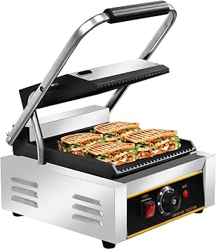 Commercial Panini Press, Double-sided Heating Electric Panini Sandwich Grill w/Nonstick Coating &50-300  Adjustable Temp, Toaster Sandwich Machine for Hamburgers Steaks Bacons