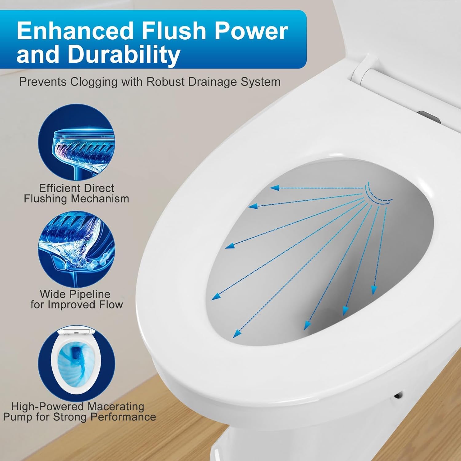 700W Macerating Upflush Toilet System for Basement Bathroom, 4 Water Inlets, Includes Toilet Bowl, Water Tank, Soft Closing Seat & Extension Pipe
