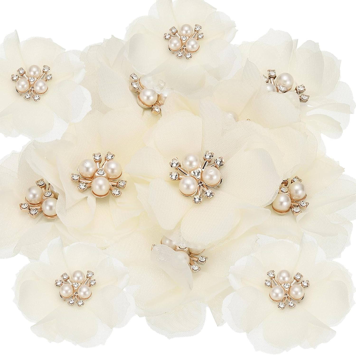 PATIKIL 15 Pack Beige 2.36" Rhinestone Pearl Chiffon Flowers - Sewing Fabric Appliques for Wedding DIY Crafts, Headbands, Clothing