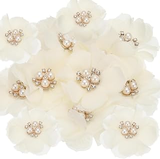 PATIKIL 15 Pack Beige 2.36" Rhinestone Pearl Chiffon Flowers - Sewing Fabric Appliques for Wedding DIY Crafts, Headbands, Clothing