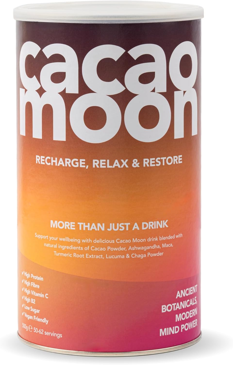 Hot Chocolate Super Blend with Cacao Powder, Ashwagandha, Maca, Lucuma, Turmeric Root & Chaga Mushroom Powder Drink 500g (50-62 Servings) Vegan Friendly & UK Made