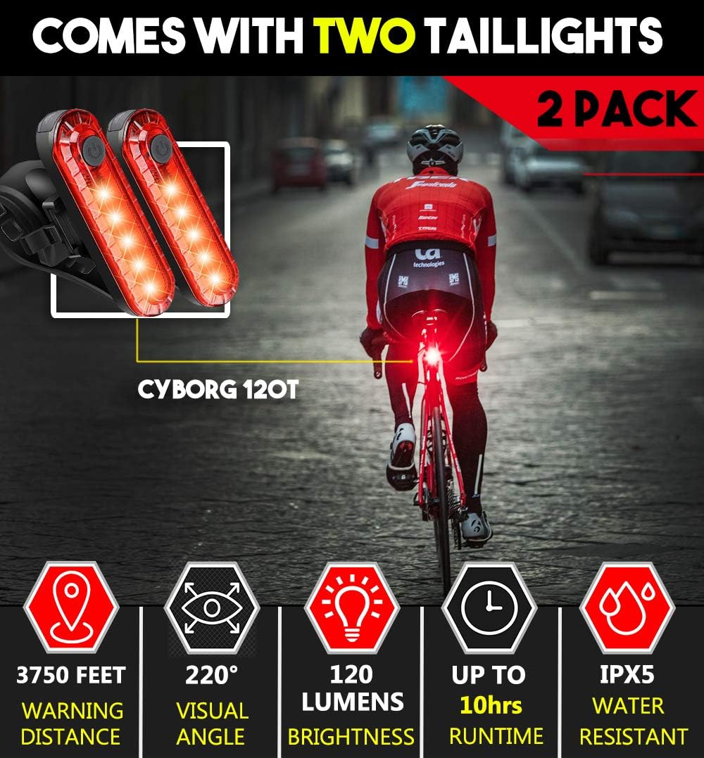 BLITZU Bike Tail Lights 2 Pack, Cyborg 120T Bright Red LED Bicycle Rear Light, USB Rechargeable, Waterproof Helmet Light, Cycling Flashlight Safety Reflectors Accessories, Fits Adult & Kids MTB Bikes : Sports & Outdoors