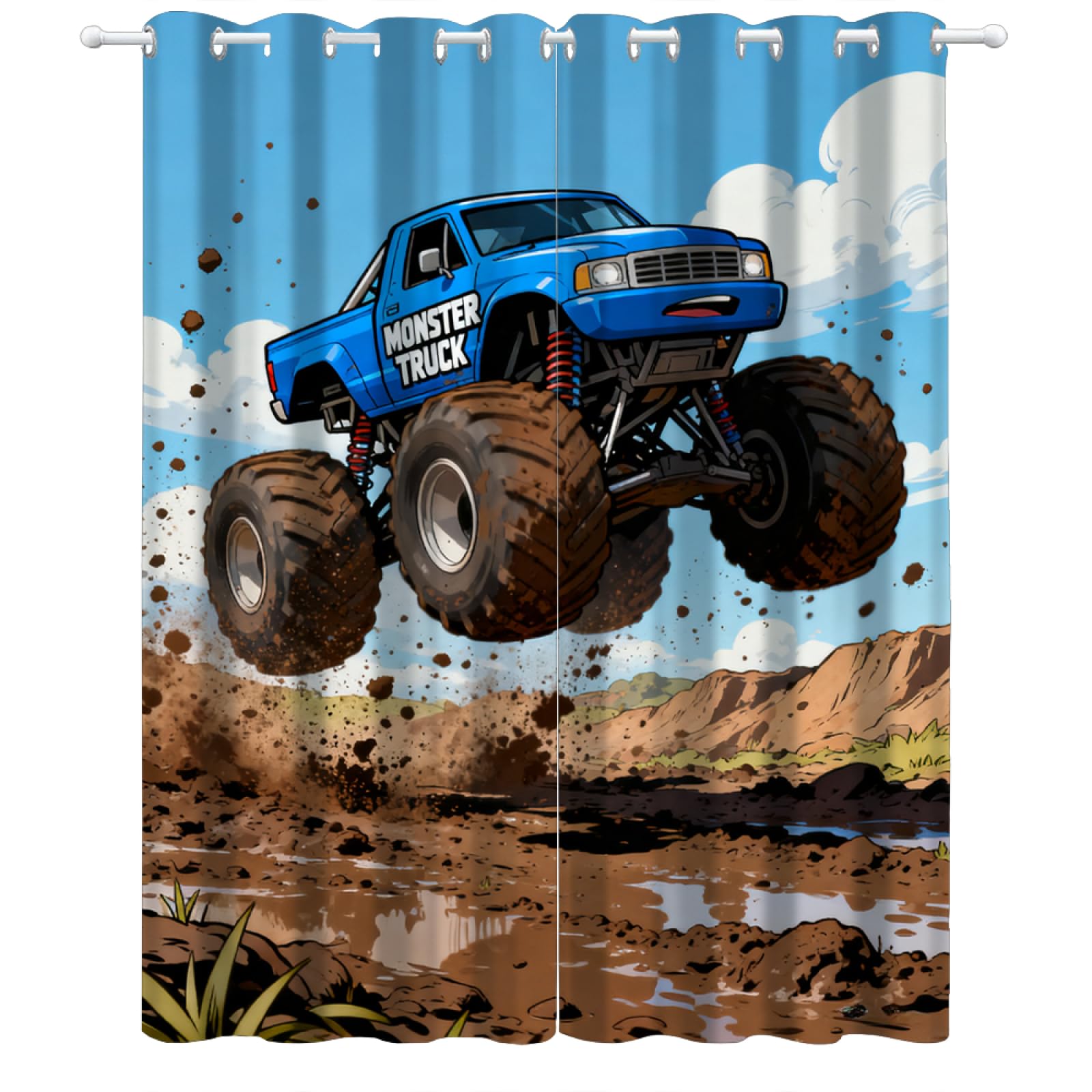 Monster Truck Chambre Rideau Occultant,Camion de Dessin animé Rideaux Oeillets,Bandes dessinées américaines Salon Draperies,d'illustration Panneaux de Rideaux intérieurs L132 x H214cm 2 Panneaux